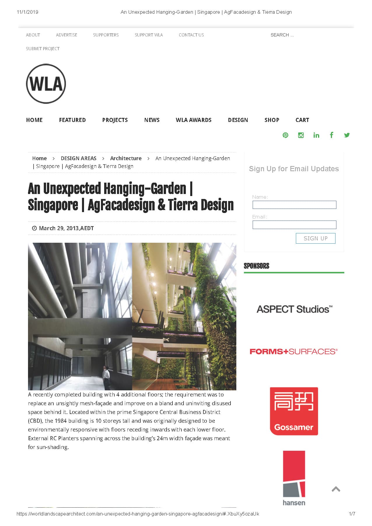 Read more about the article World Landscape Architect : An Unexpected Hanging-Garden | Singapore | AgFacadesign & Tierra Design