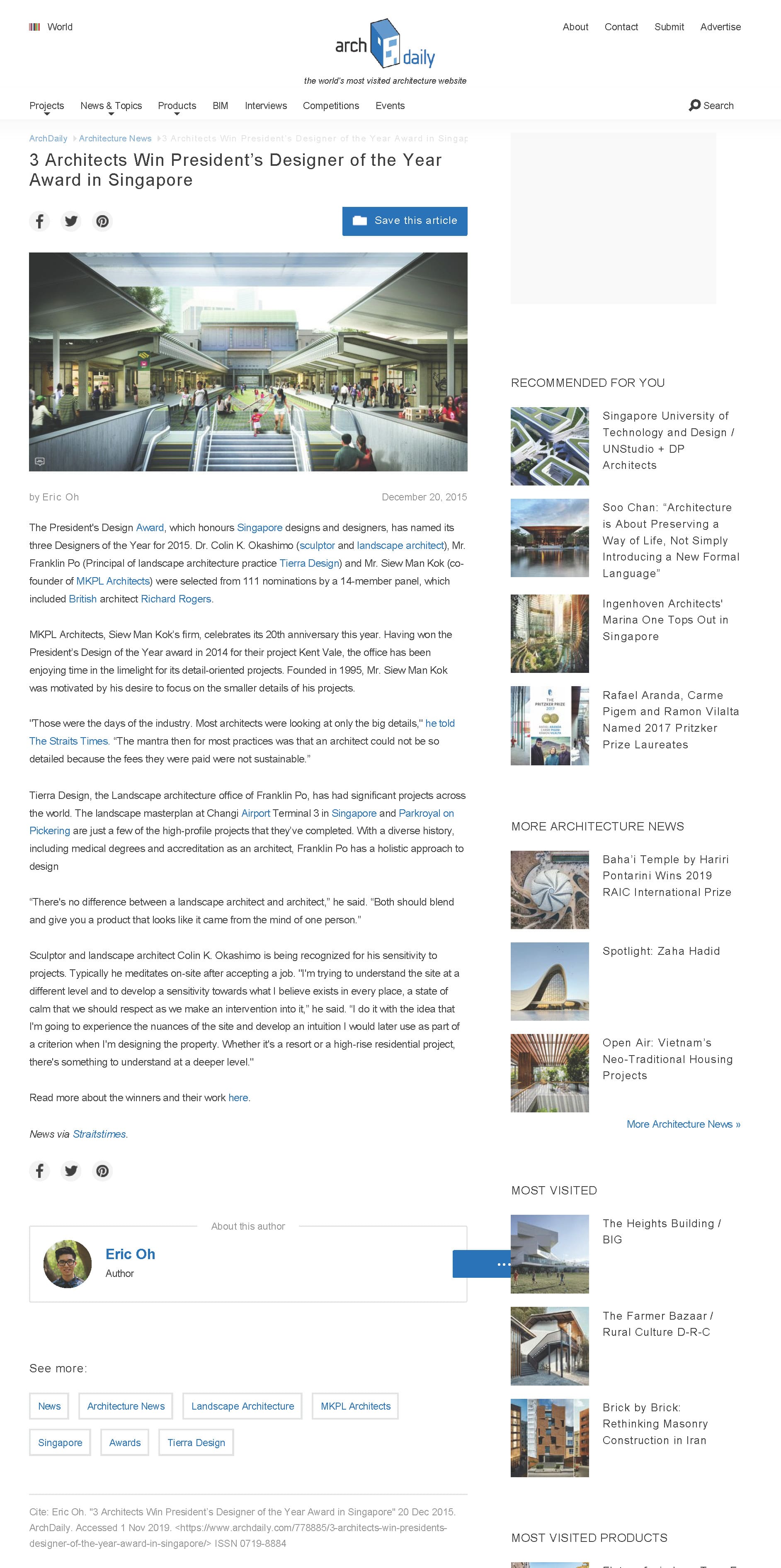 Read more about the article ArchDaily : 3 Architects Win President’s Designer of the Year Award in Singapore